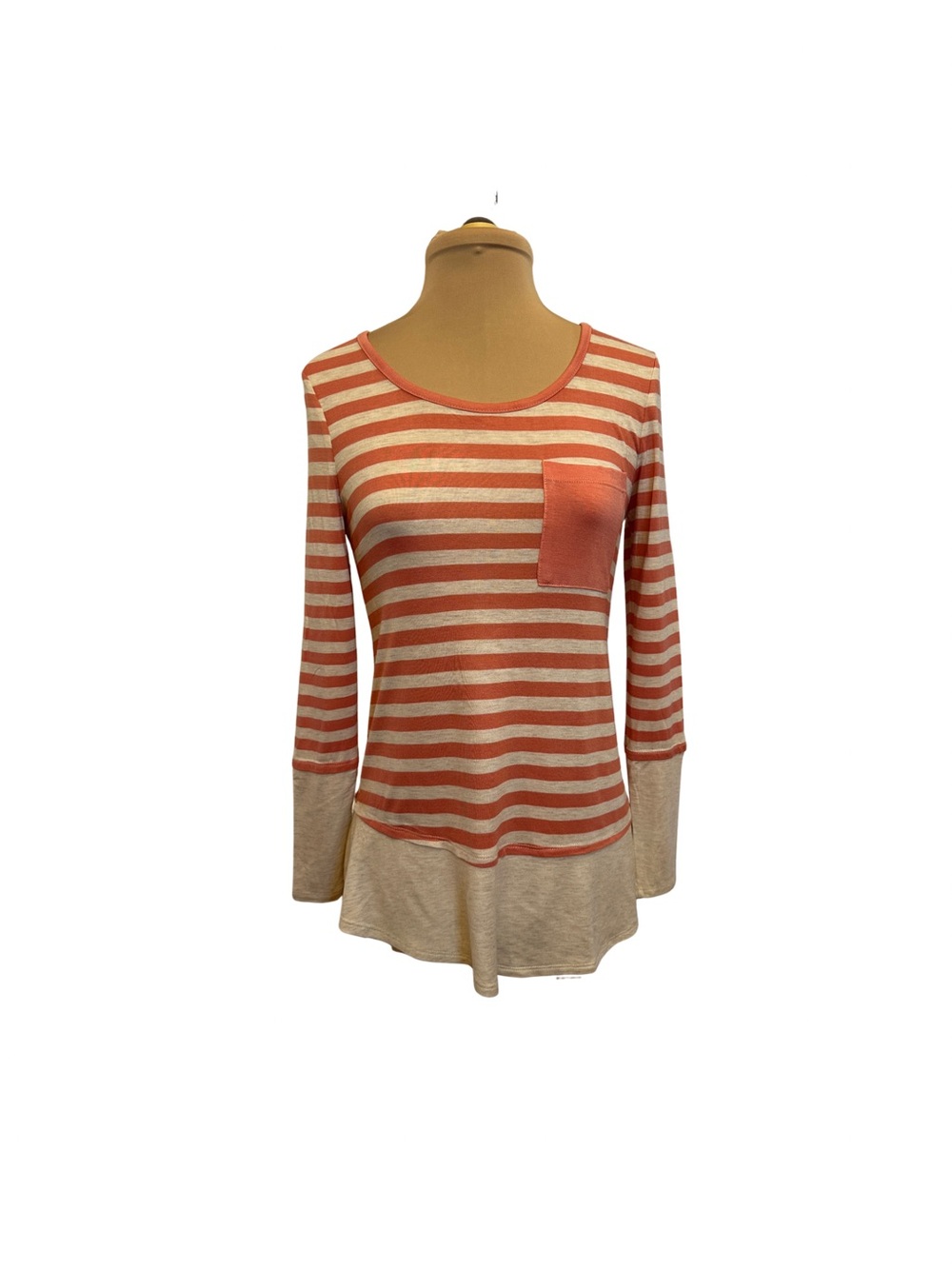 Belle Du Jour Coral and Cream Striped Long Sleeve Pocket Tee - Size S